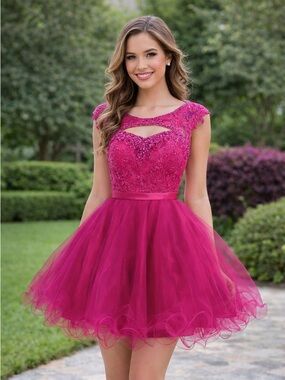 Fuchsia Homecoming Dress Size 0 | Sparkly Lace Tulle Short Party Dress Mary Lee